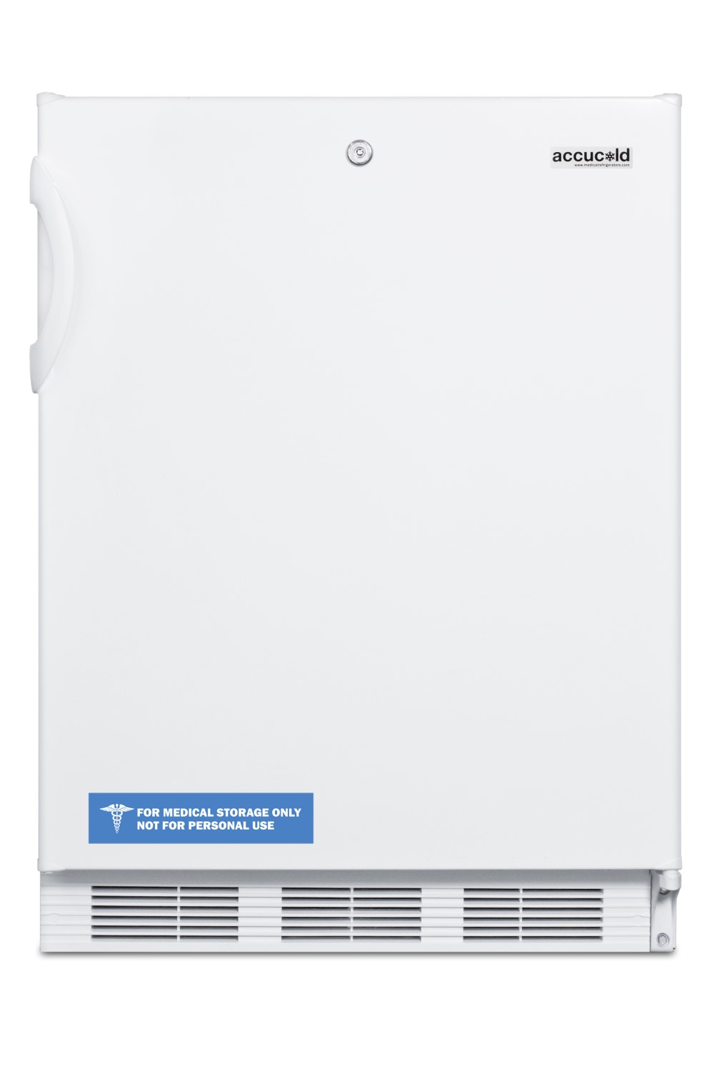 ADA compliant all-refrigerator for freestanding general purpose use, with lock, automatic defrost operation and white exterior